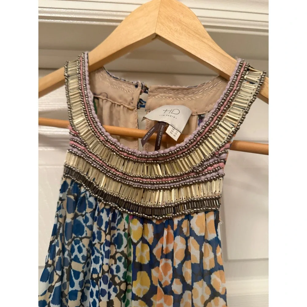 HD in Paris Maxi Dress Womens 12 Multicolor Beaded Halter Abstract Print Boho